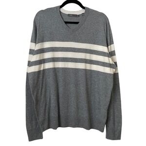 Vince Sweater Mens XL Gray White Striped Knit Long Sleeve V-Neck Pullover Preppy